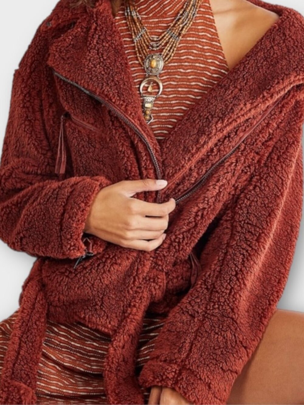 Free People So Cosy Slouchy Moto Teddy Jacket Spiced Brandy